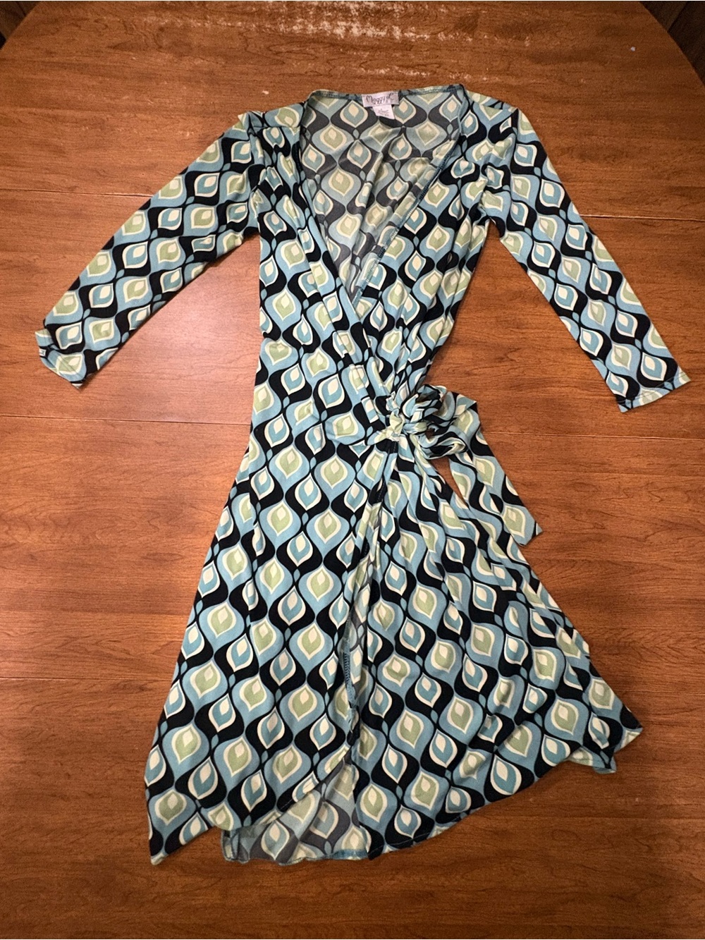 Maggy L Vintage Retro Geometric Print True Wrap Midi Dress USA Made 6
